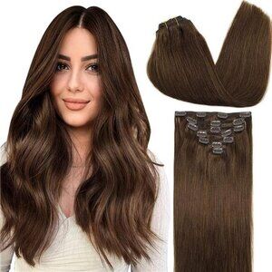 Clip-in Hair Extensions for Women, Chocolate Brown, #4, 7pcs 120g 14 inches